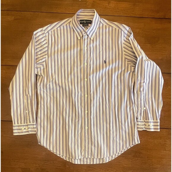 Ralph Lauren Custom Fit Bottom Down Shirt Man Size L (16 32/33) Purple Stripe - Picture 2 of 11